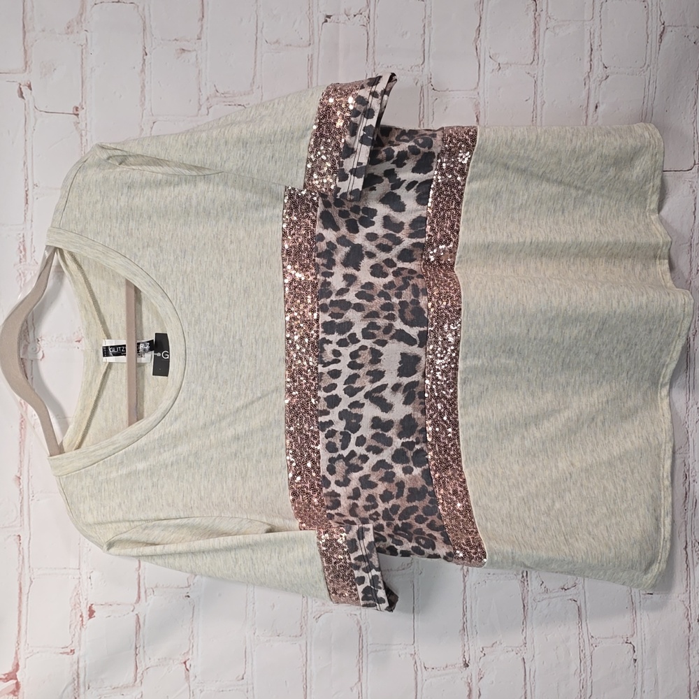 Glitzy Girlz Leopard & Sequins Rose Gold Sparkle Oatmeal Short Sleeve Size 3x